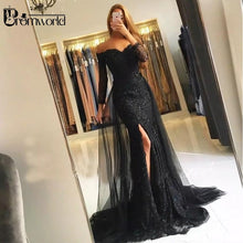 Load image into Gallery viewer, Black Muslim Evening Dresses 2019 Mermaid 3/4 Sleeves Lace Beaded Slit Tulle V-Neck Dubai Kaftan Saudi Arabic Long Evening Gown