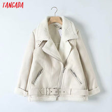 Load image into Gallery viewer, Tangada Women beige fur faux leather jacket coat with belt turn down collar Ladies 2019 Winter Thick Warm Oversized Coat 5B01