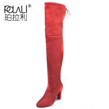 Load image into Gallery viewer, POLALI 2020 New Flock Leather Women Over The Knee Boots Lace Up Sexy High Heels Autumn Woman Shoes Winter Women Boots Size 34-43