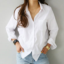 Load image into Gallery viewer, 2019 Spring One Pocket Women White Shirt Female Blouse Tops Long Sleeve Casual Turn-down Collar OL Style Women Loose Blouses