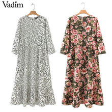 Load image into Gallery viewer, Vadim women dots print maxi dress pleated three quarter sleeve female casual straight dresses chic ankle length vestidos QB260