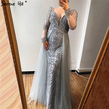 Load image into Gallery viewer, Blue Dubai Luxury Sequined Sparkle Evening Dresses 2020 Long Sleeve Beading Evening Gowns Serene Hill Plus Size LA60858