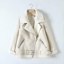 Load image into Gallery viewer, Tangada Women beige fur faux leather jacket coat with belt turn down collar Ladies 2019 Winter Thick Warm Oversized Coat 5B01