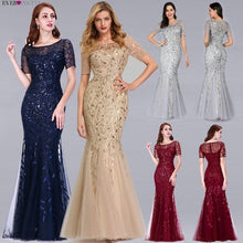Load image into Gallery viewer, Formal Evening Dresses 2020 Ever Pretty New Mermaid O Neck Short Sleeve Lace Appliques Tulle Long Party Gowns Robe Soiree Sexy