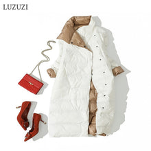 Load image into Gallery viewer, LUZUZI Women Double Sided Down Long Jacket Winter Turtleneck White Duck Down Coat Double Breasted Warm Parkas Snow Outwear