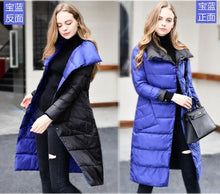 Load image into Gallery viewer, LUZUZI Women Double Sided Down Long Jacket Winter Turtleneck White Duck Down Coat Double Breasted Warm Parkas Snow Outwear