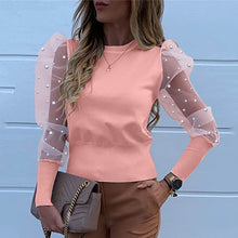 Load image into Gallery viewer, New Women Mesh Sheer Blouse See-through Puff Long Sleeve Blouse Fashion Pearl Transparent White Shirt Female Blusas Autumn Tops