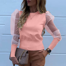 Load image into Gallery viewer, New Women Mesh Sheer Blouse See-through Puff Long Sleeve Blouse Fashion Pearl Transparent White Shirt Female Blusas Autumn Tops