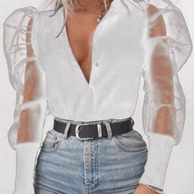 Load image into Gallery viewer, New Women Mesh Sheer Blouse See-through Puff Long Sleeve Blouse Fashion Pearl Transparent White Shirt Female Blusas Autumn Tops