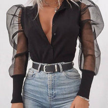 Load image into Gallery viewer, New Women Mesh Sheer Blouse See-through Puff Long Sleeve Blouse Fashion Pearl Transparent White Shirt Female Blusas Autumn Tops