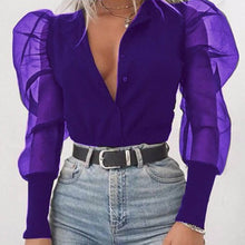 Load image into Gallery viewer, New Women Mesh Sheer Blouse See-through Puff Long Sleeve Blouse Fashion Pearl Transparent White Shirt Female Blusas Autumn Tops