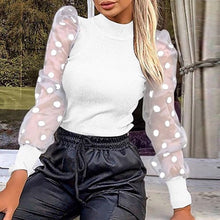 Load image into Gallery viewer, New Women Mesh Sheer Blouse See-through Puff Long Sleeve Blouse Fashion Pearl Transparent White Shirt Female Blusas Autumn Tops