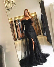Load image into Gallery viewer, Black Muslim Evening Dresses 2019 Mermaid 3/4 Sleeves Lace Beaded Slit Tulle V-Neck Dubai Kaftan Saudi Arabic Long Evening Gown