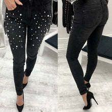 Load image into Gallery viewer, Women blue Jeans Pants Skinny Pearl Beaded black Jeans Summer Spring ladies high waist Zipper Fly Long Denim Casual mom jeans