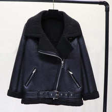 Load image into Gallery viewer, Ly Varey Lin Winter Faux Lamb Leather Jacket Women Faux Leather Lambs Wool Fur Collar Pu Moto Zipper Jacket Warm Thick Outerwear
