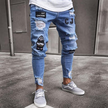 Load image into Gallery viewer, Men's Painted Skinny Slim Fit Straight Ripped Distressed Pleated Knee Patch Denim Pants Stretch Jeans