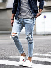 Load image into Gallery viewer, Men's Painted Skinny Slim Fit Straight Ripped Distressed Pleated Knee Patch Denim Pants Stretch Jeans