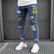 Load image into Gallery viewer, Men's Painted Skinny Slim Fit Straight Ripped Distressed Pleated Knee Patch Denim Pants Stretch Jeans