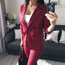 Load image into Gallery viewer, Work Fashion Pant Suits 2 Piece Set for Women Double Breasted Striped Blazer Jacket & Trouser Office Lady Suit Feminino 2019