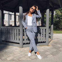 Load image into Gallery viewer, Work Pant Suits OL 2 Piece Sets Double Breasted Striped Blazer Jacket & Zipper Trousers Suit For Women Set Feminino Spring