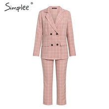 Load image into Gallery viewer, Simplee Fashion plaid women blazer suits Long sleeve double breasted blazer pants set Pink office ladies two-piece blazer sets