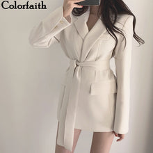 Load image into Gallery viewer, Colorfaith New 2019 Autumn Winter Women Jackets Office Ladies Lace up Notched Formal Outwear Elegant White Black Tops JK7040