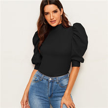 Load image into Gallery viewer, Sheinside Elegant Red Puff Sleeve Blouse Women 2020 Summer Half Sleeve Keyhole Back Blouses Ladies Solid Basic Minimalist Top
