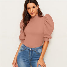 Load image into Gallery viewer, Sheinside Elegant Red Puff Sleeve Blouse Women 2020 Summer Half Sleeve Keyhole Back Blouses Ladies Solid Basic Minimalist Top