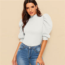 Load image into Gallery viewer, Sheinside Elegant Red Puff Sleeve Blouse Women 2020 Summer Half Sleeve Keyhole Back Blouses Ladies Solid Basic Minimalist Top