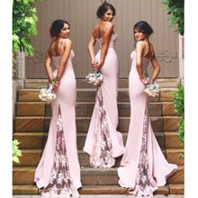 Load image into Gallery viewer, Women's Mermaid Bridesmaid Dresses Spaghetti Straps Lace Satin Bridesmaid Dresses Applique Prom Dresses Long Wedding Guest Dress