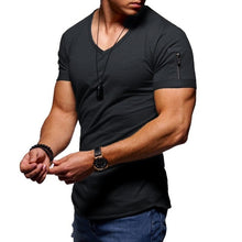 Load image into Gallery viewer, 2019 new men's V-neck T-shirt fitness bodybuilding T-shirt high street summer short-sleeved zipper casual cotton top