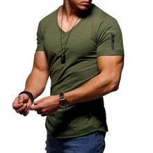 Load image into Gallery viewer, 2019 new men's V-neck T-shirt fitness bodybuilding T-shirt high street summer short-sleeved zipper casual cotton top