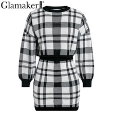 Load image into Gallery viewer, Glamaker Plaid knitted two-piece suit sexy autumn Dress women elegant winter sweater dress Sexy female fashion party short dress
