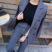 Load image into Gallery viewer, Fashion Business Pant Suits Uniform Formal Double Breasted Jacket and Long Pant Black Blazer Set Women OL 2 Two Pieces Suits