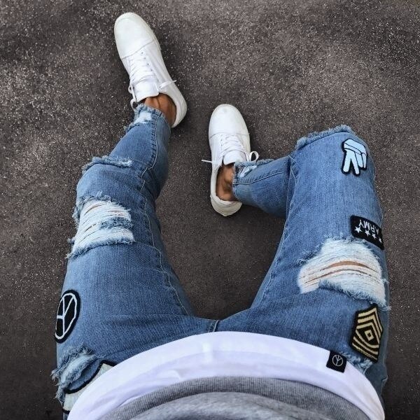 European and American small foot badge jeans men's fashion knee hole zipper small foot hole denim trousers
