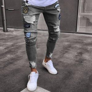 European and American small foot badge jeans men's fashion knee hole zipper small foot hole denim trousers