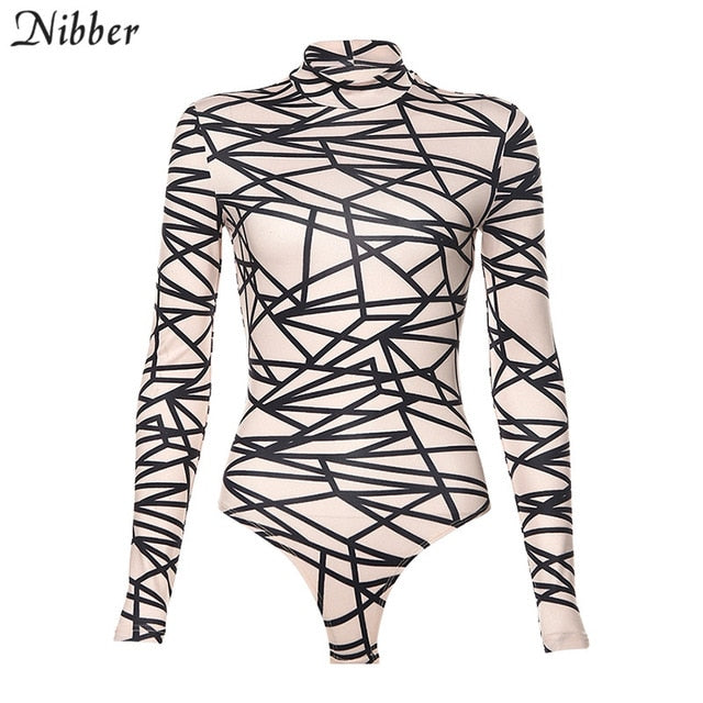Nibber autumn printing Basic stretch Slim bodysuits women 2019 fall winter street leisure Thin long sleeve short jumpsuits mujer