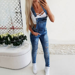 Women's Fashion Cool Denim Bib Jeans Pants Pocket Sexy Long Rompers Bib Pants Jumpsuits Sleeveless Jumpsuits Hollow Out Rompers