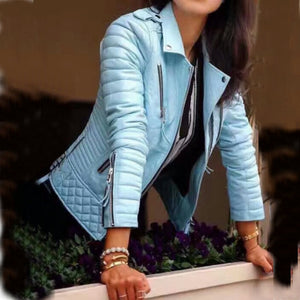 2020 New Fashion Women Spring Autumn Soft Faux Leather Jackets Lady Motorcyle Zippers Biker Blue Coats Black Outerwear Hot Sale