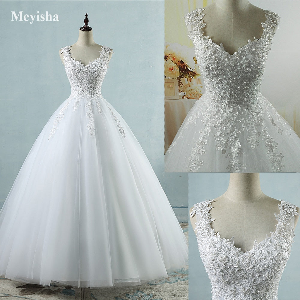 ZJ9076 Ball Gowns Spaghetti Straps White Ivory Tulle Wedding Dresses 2019 with Pearls Bridal Dress Marriage Customer Made Size
