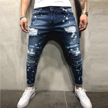 Load image into Gallery viewer, Men&#39;s Painted Skinny Slim Fit Straight Ripped Distressed Pleated Knee Patch Denim Pants Stretch Jeans
