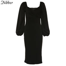 Load image into Gallery viewer, Nibber sexy pure V Neck off shoulder bodycon dress women autumn winter club party night red Elegant midi dress Mujer black dress
