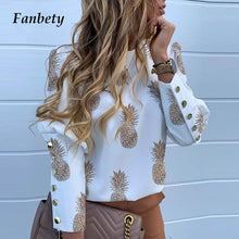 Load image into Gallery viewer, Elegant New Puff shoulder blouse shirts Office Lady Autumn Metal Buttoned Detail Blouses women Pineapple print long sleeve tops
