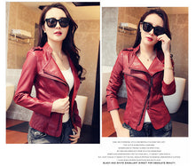 Load image into Gallery viewer, Autumn Zipper Motorcycle Jacket Women Short Faux Soft Womens Leather Jacket PU Black Red Leather Jacket Ladies Basic Street Coat
