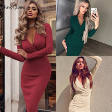 Load image into Gallery viewer, Women Dress Autumn Winter Casual Solid Color Long Sleeve Elegant Office Lady Dress Sexy Deep V Neck Bodycon Pencil Party Dresses
