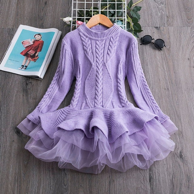 2019 Winter Knitted Chiffon Girl Dress Christmas Party Long Sleeve Children Clothes Kids Dresses For Girls New Year Clothing