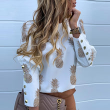 Load image into Gallery viewer, Elegant New Puff shoulder blouse shirts Office Lady Autumn Metal Buttoned Detail Blouses women Pineapple print long sleeve tops
