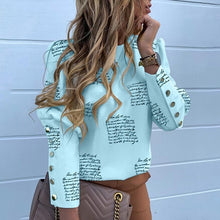 Load image into Gallery viewer, Elegant New Puff shoulder blouse shirts Office Lady Autumn Metal Buttoned Detail Blouses women Pineapple print long sleeve tops
