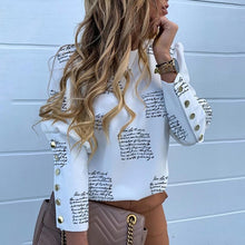 Load image into Gallery viewer, Elegant New Puff shoulder blouse shirts Office Lady Autumn Metal Buttoned Detail Blouses women Pineapple print long sleeve tops
