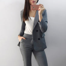Load image into Gallery viewer, Work Fashion Pant Suits 2 Piece Set for Women Double Breasted Striped Blazer Jacket &amp; Trouser Office Lady Suit Feminino 2019
